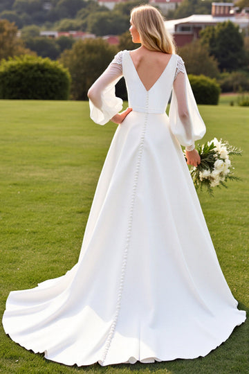 Ivory V-Neck A Line Wedding Dress with Long Sleeves